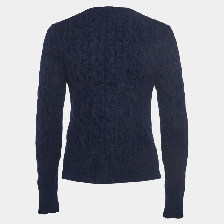 Pre Owned Polo Ralph Lauren Navy Blue Cable-Knit Cotton Crewneck Cardigan 