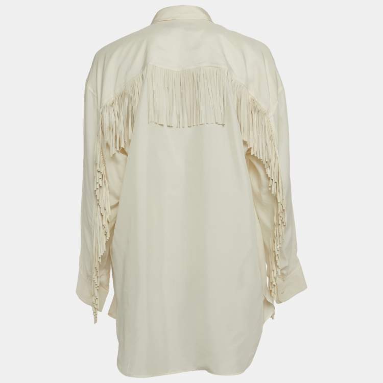 Pre Owned Polo Ralph Lauren Cream Silk and Suede Fringe Shirt Oversized M