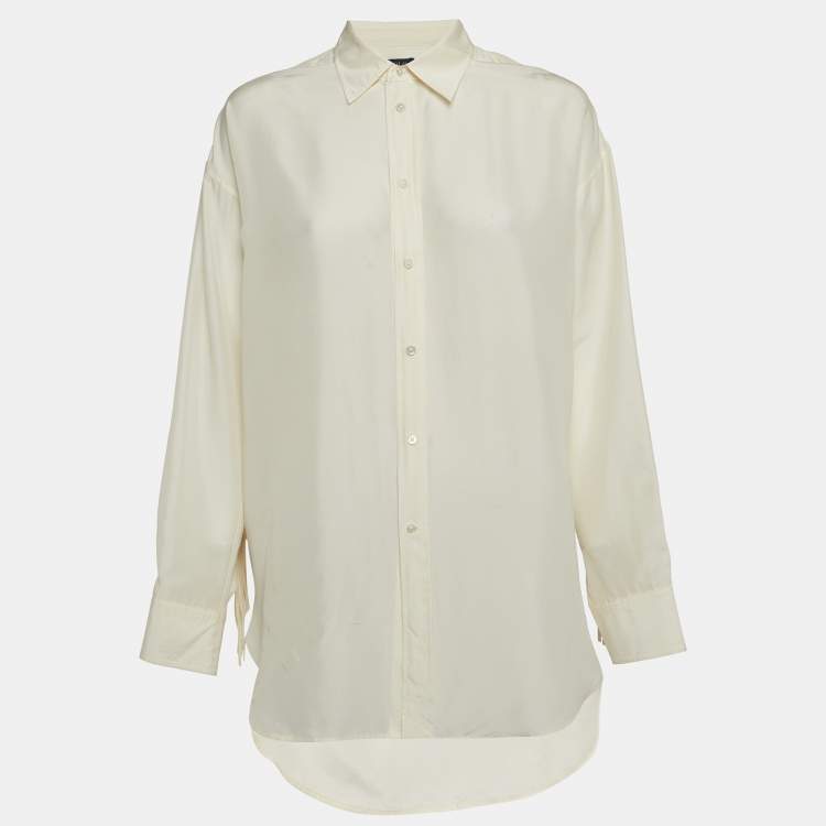 Pre Owned Polo Ralph Lauren Cream Silk and Suede Fringe Shirt Oversized M