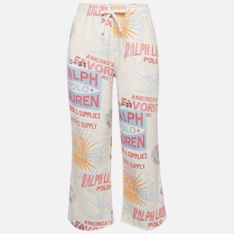 Pre Owned Polo Ralph Lauren White Graphic Print Fleece Athletic Trousers S