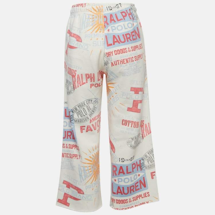 Pre Owned Polo Ralph Lauren White Graphic Print Fleece Athletic Trousers S