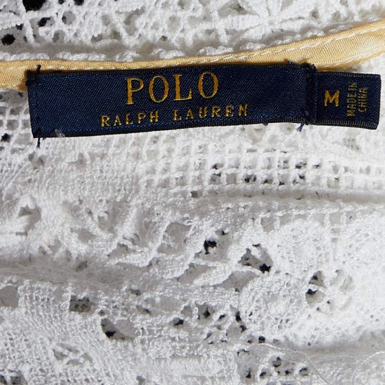 Pre Owned Polo Ralph Lauren White Lace V-Neck Blouse M