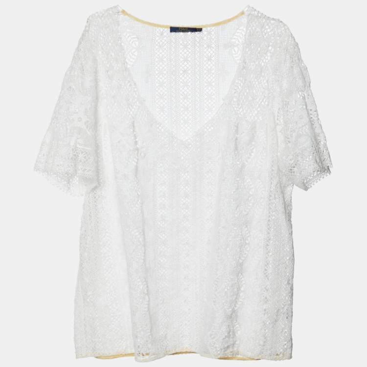 Pre Owned Polo Ralph Lauren White Lace V-Neck Blouse M