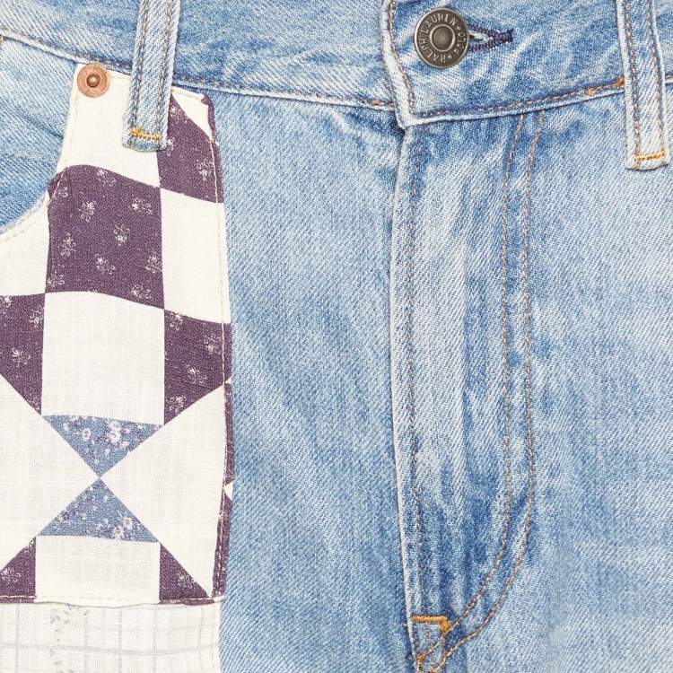 Pre Owned Polo Ralph Lauren Blue Patchwork Denim Avery Boyfriend Jeans S/Waist 32"
