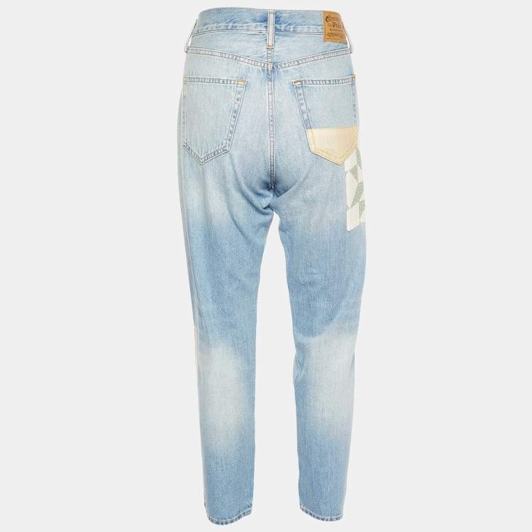 Pre Owned Polo Ralph Lauren Blue Patchwork Denim Avery Boyfriend Jeans S/Waist 32"