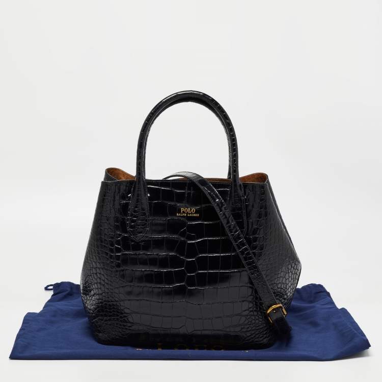 Pre Owned Polo Ralph Lauren Black Croc Embossed Leather Open Tote