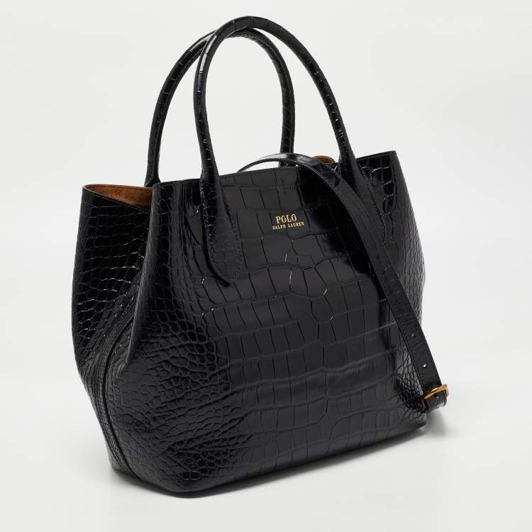 Pre Owned Polo Ralph Lauren Black Croc Embossed Leather Open Tote