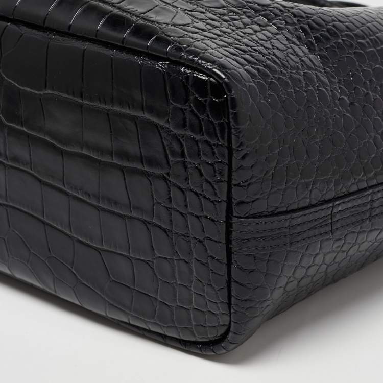 Pre Owned Polo Ralph Lauren Black Croc Embossed Leather Open Tote