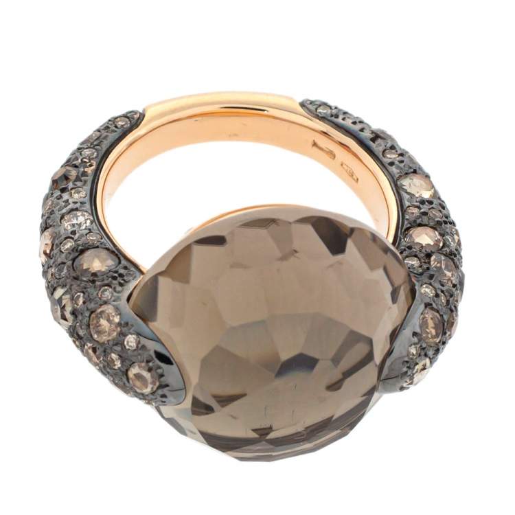 Pre Owned Pomellato Smoky Quartz & Diamond 18K Rose Gold Tango Ring Size 50.5