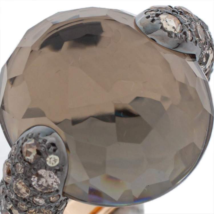 Pre Owned Pomellato Smoky Quartz & Diamond 18K Rose Gold Tango Ring Size 50.5