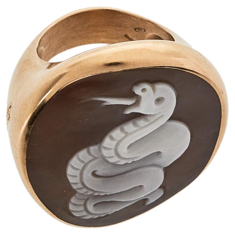 Pre Owned Pomellato Snake Cameo Shell 18K Rose Gold Oval Cocktail Ring Size 55 
