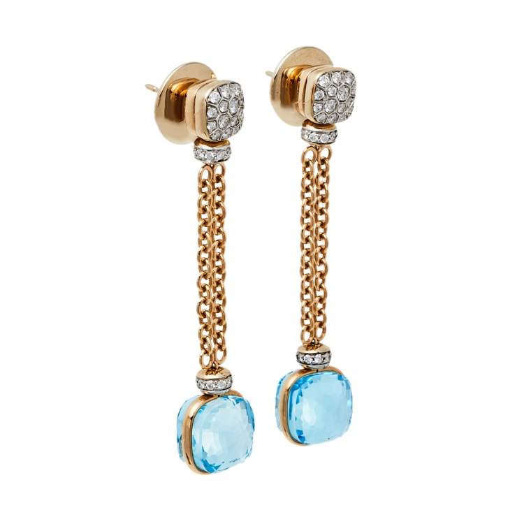 Pre Owned Pomellato Nudo Blue Topaz Diamond 18K Rose Gold Sautoir Necklace and Long Earrings Set 