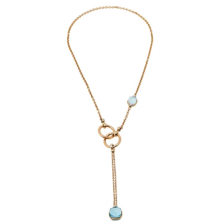 Pre Owned Pomellato Nudo Blue Topaz Diamond 18K Rose Gold Sautoir Necklace and Long Earrings Set 