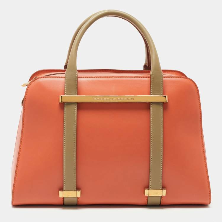 Pre Owned Porsche Design Orange/Beige Leather Medium Twin Satchel