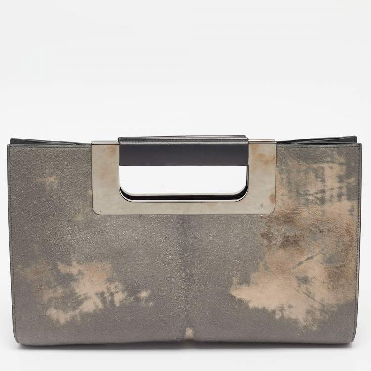 Pre Owned Porsche Design Grey/Shimmer Calfhair and Leather Cut Out Frame Handle Bag