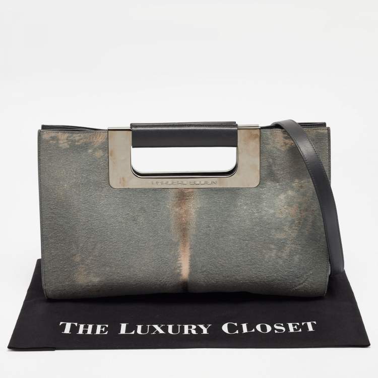 Pre Owned Porsche Design Grey/Shimmer Calfhair and Leather Cut Out Frame Handle Bag