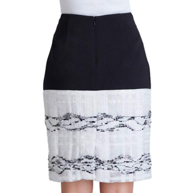 Pre Owned Prabal Gurung Black and White Wool-Crepe Organza-Trim Skirt L