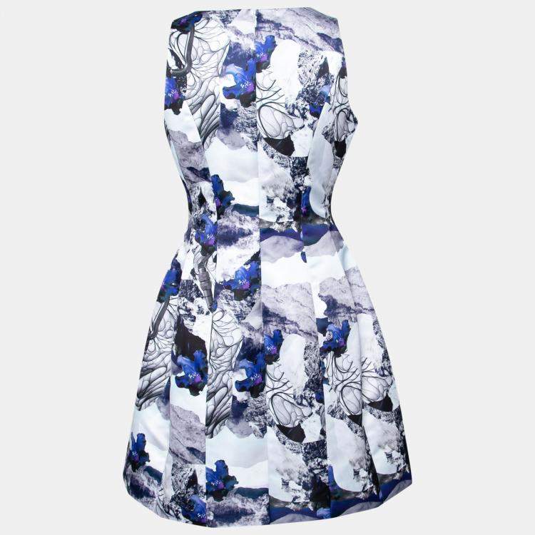 Pre Owned Prabal Gurung Purple Rorschach Floral Print Satin Sleeveless Fit and Flare Dress M