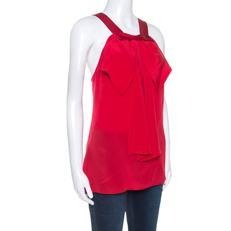 Pre Owned Prabal Gurung Red Silk Draped Bow Detail Sleeveless Top L
