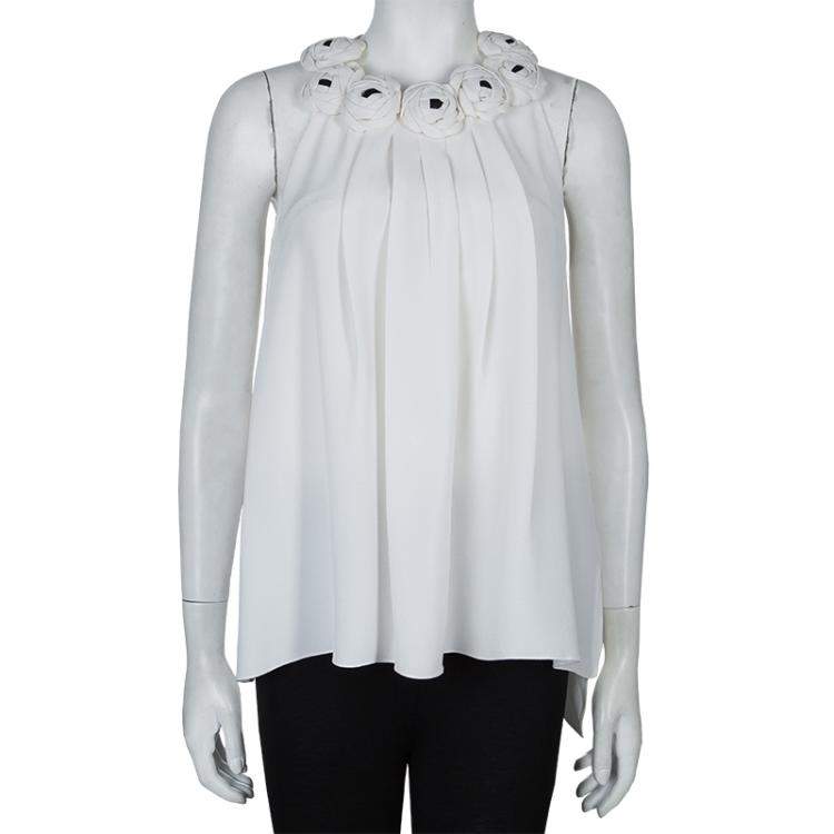 Pre Owned Prabal Gurung White Silk Rose Applique Detail Sleeveless Top S