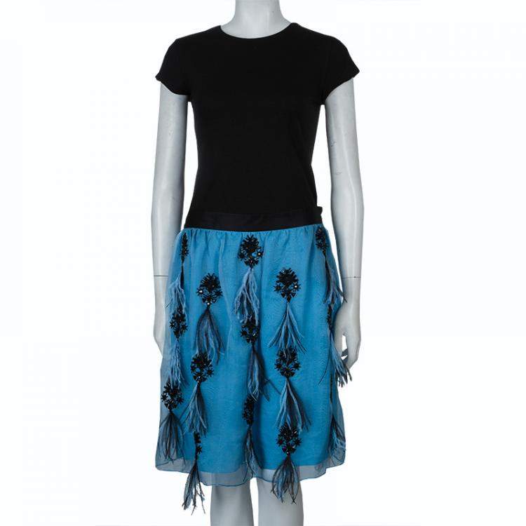 Pre Owned Prabal Gurung Blue Feather Detail Embellished Skirt M