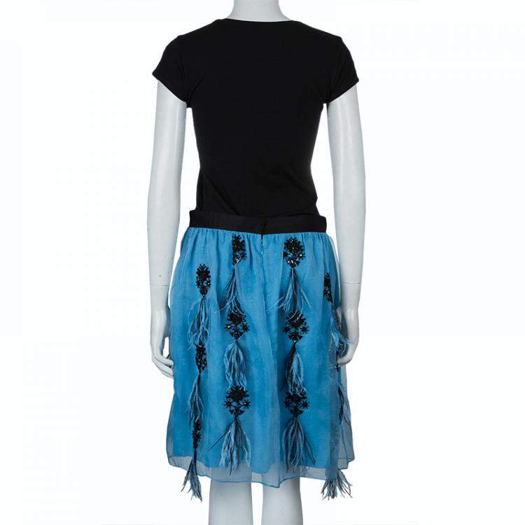 Pre Owned Prabal Gurung Blue Feather Detail Embellished Skirt M