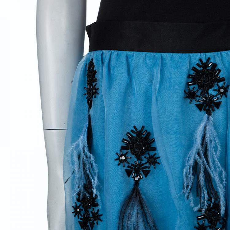 Pre Owned Prabal Gurung Blue Feather Detail Embellished Skirt M