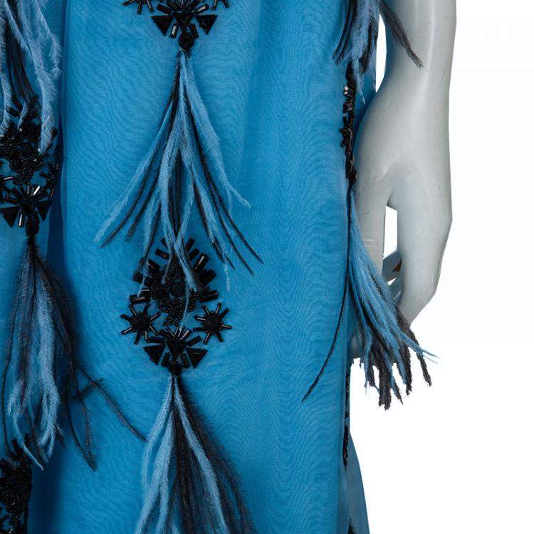 Pre Owned Prabal Gurung Blue Feather Detail Embellished Skirt M