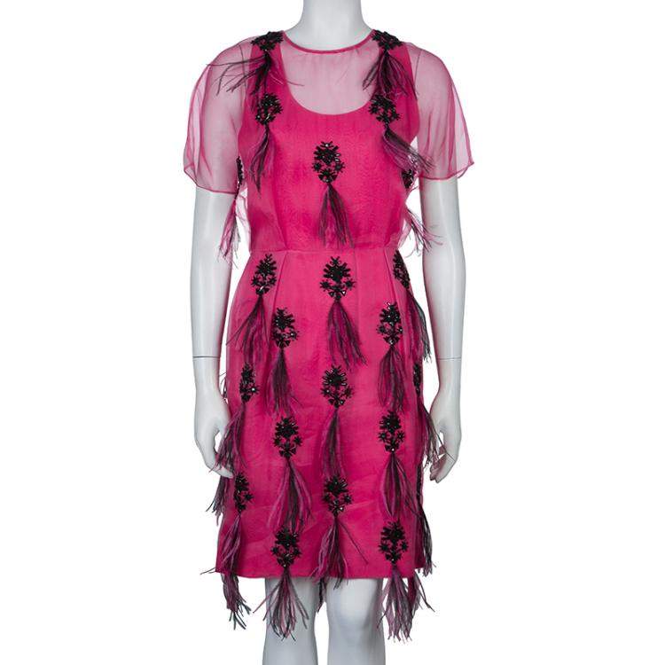 Pre Owned Prabal Gurung Pink Embellished Feather Detail Silk Dress M