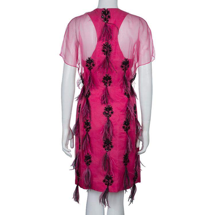 Pre Owned Prabal Gurung Pink Embellished Feather Detail Silk Dress M