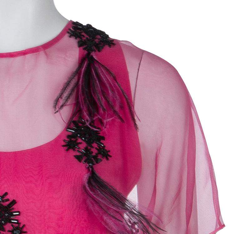 Pre Owned Prabal Gurung Pink Embellished Feather Detail Silk Dress M
