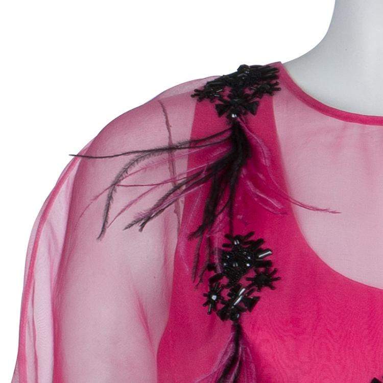 Pre Owned Prabal Gurung Pink Embellished Feather Detail Silk Dress M