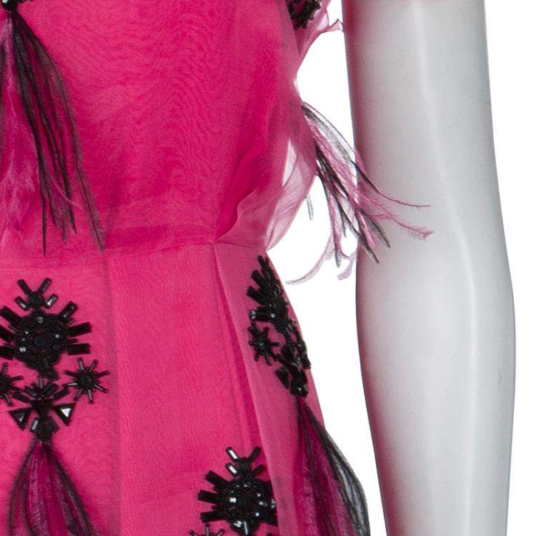 Pre Owned Prabal Gurung Pink Embellished Feather Detail Silk Dress M