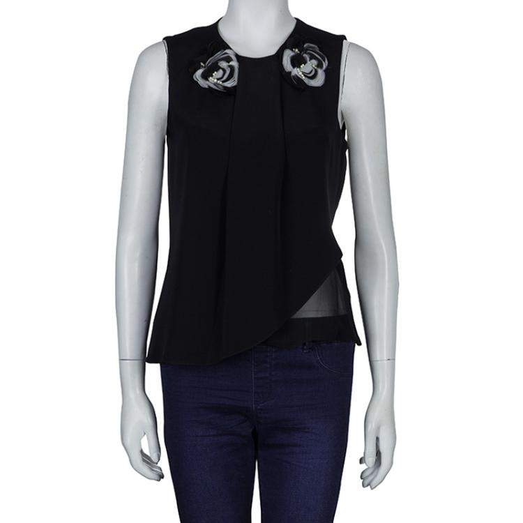 Pre Owned Prabal Gurung Black Rosette Applique Detail Sleeveless Silk Blouse M