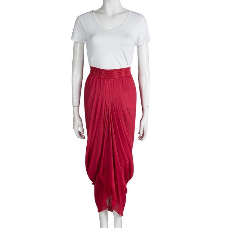 Pre Owned Prabal Gurung Red Silk Pleat Detail Draped Maxi Skirt S