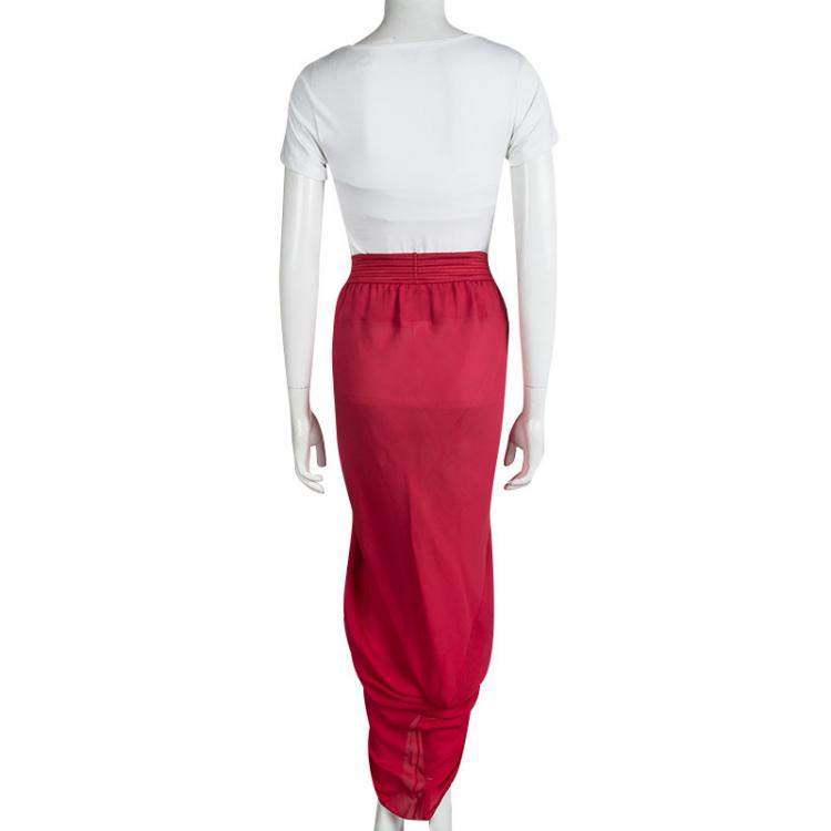 Pre Owned Prabal Gurung Red Silk Pleat Detail Draped Maxi Skirt S