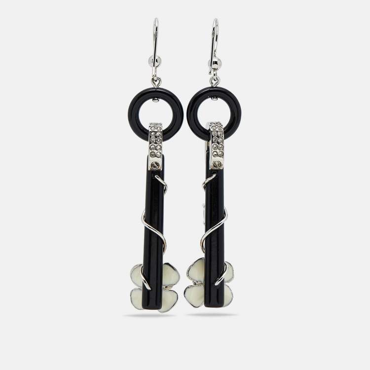 Pre Owned  Prada Flower Resin Crystals Enamel Silver Tone Drop Earrings