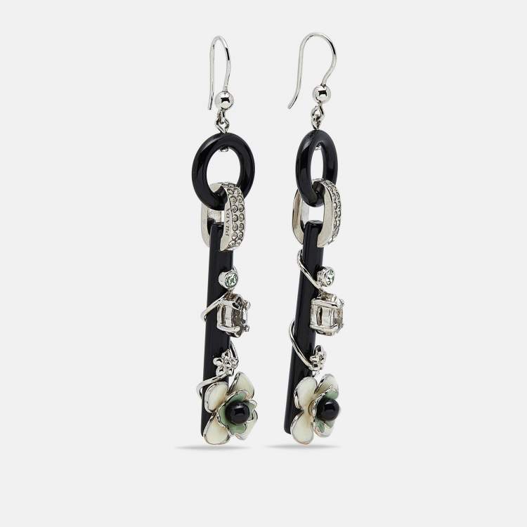Pre Owned  Prada Flower Resin Crystals Enamel Silver Tone Drop Earrings
