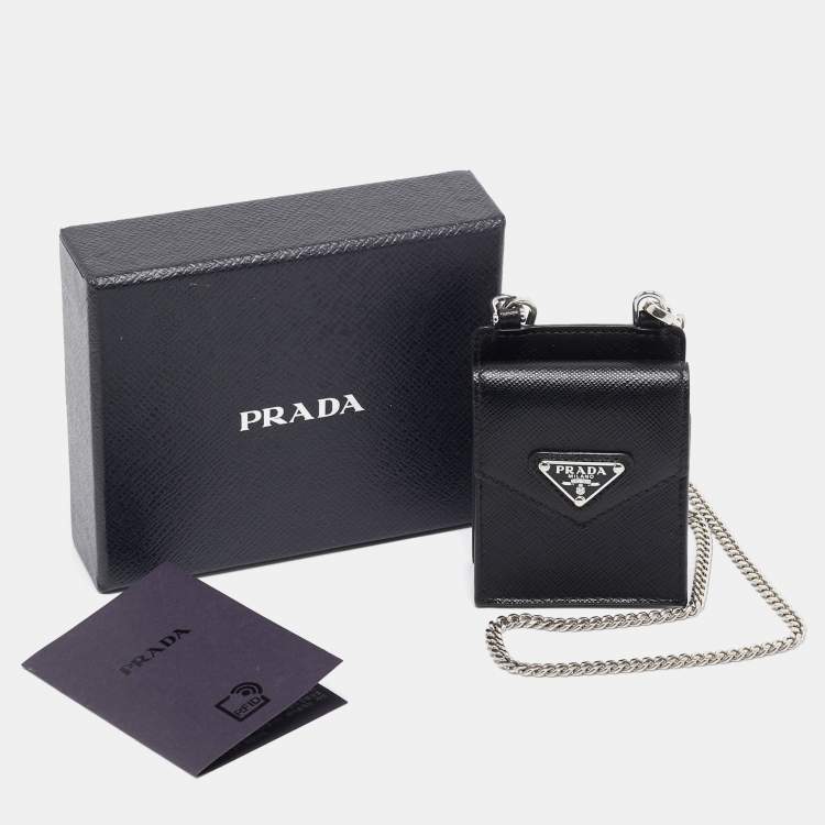 Pre Owned Prada Black Saffiano Leather Earphone Chain Case 