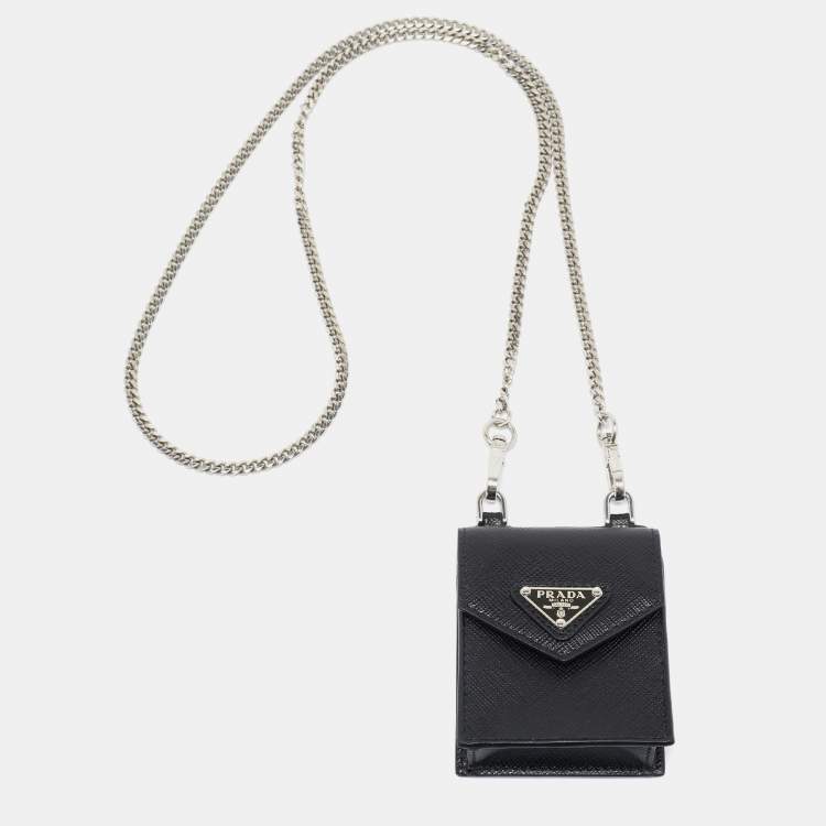 Pre Owned Prada Black Saffiano Leather Earphone Chain Case 