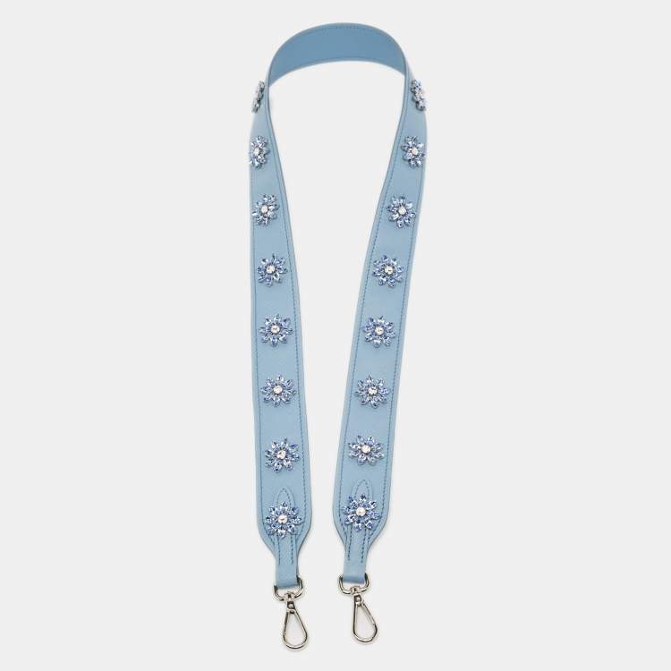 Pre Owned Prada Light Blue Saffiano Leather Crystals Embellished Shoulder Bag Strap