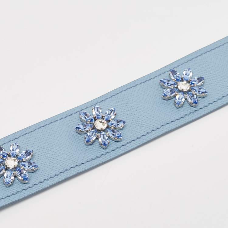 Pre Owned Prada Light Blue Saffiano Leather Crystals Embellished Shoulder Bag Strap
