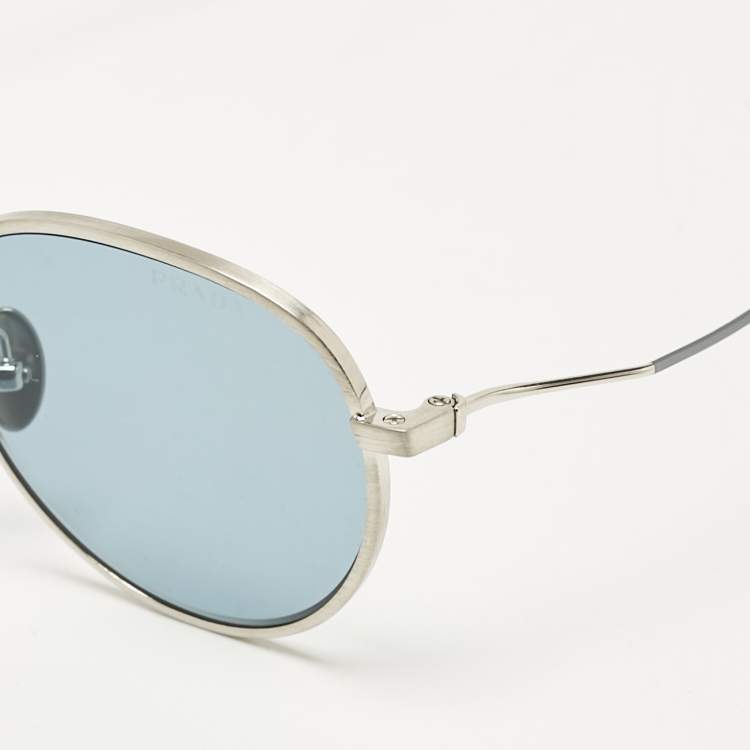 Pre Owned Prada Blue SIlver Tone SPR53W Round Sunglasses