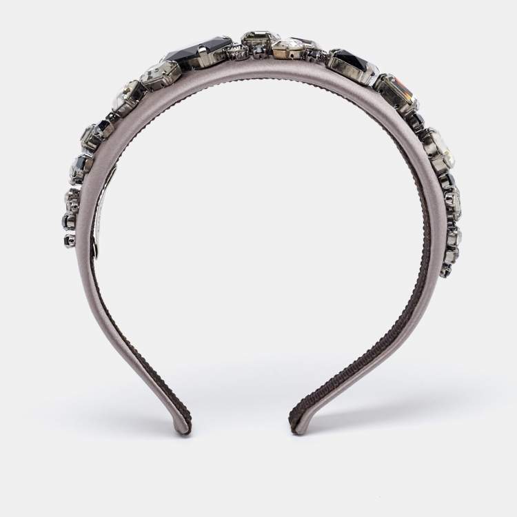 Pre Owned Prada Grey Crystal Embellished Satin Headband