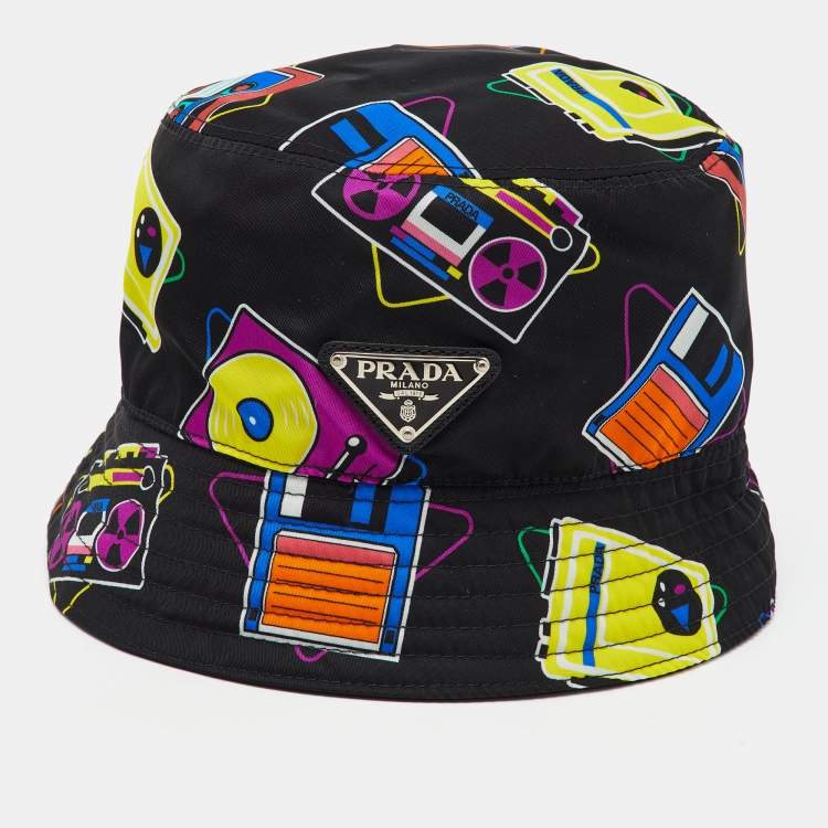 Pre Owned Prada Black Camera Printed Nylon Bucket Hat M