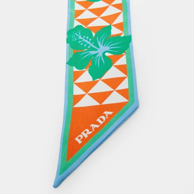 Pre Owned Prada Blue/Orange Triangle Hibiscus Print Silk Bandeau Scarf
