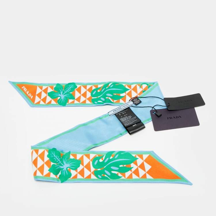 Pre Owned Prada Blue/Orange Triangle Hibiscus Print Silk Bandeau Scarf