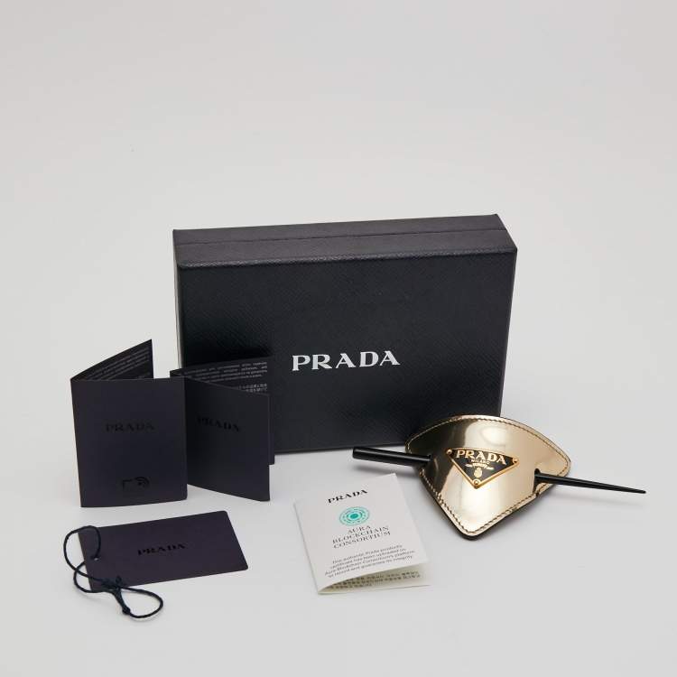 Pre Owned Prada Gold Patent Leather Logo Plaque Hair Clip