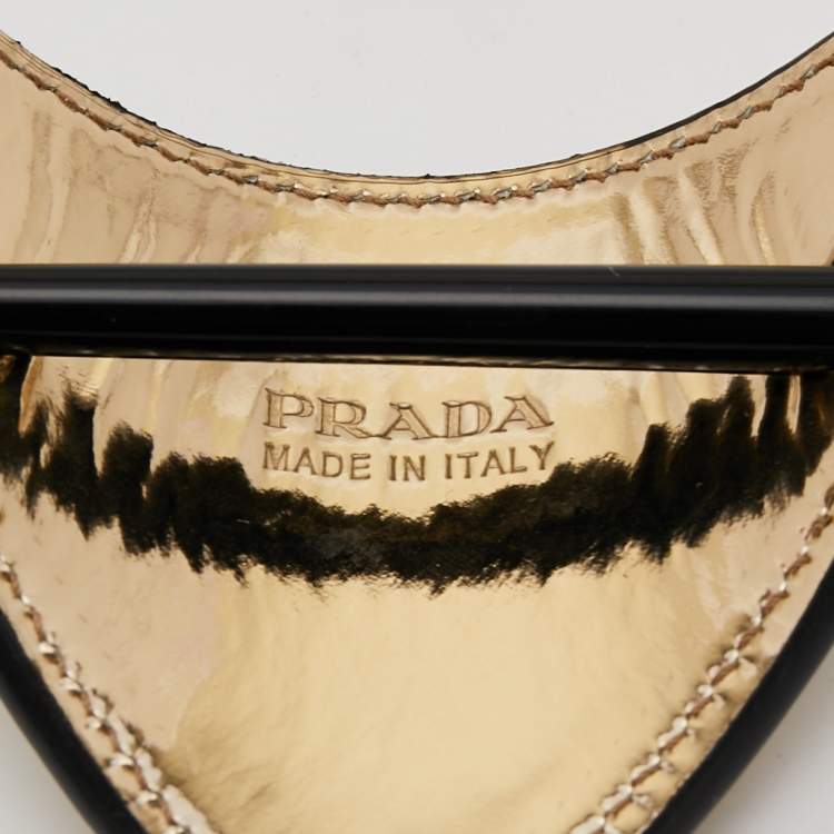 Pre Owned Prada Gold Patent Leather Logo Plaque Hair Clip