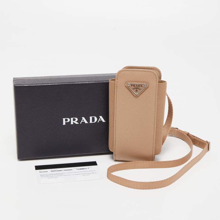 Pre Owned Prada Beige Saffiano Leather and Elastic Fabric Lanyard Phone Case